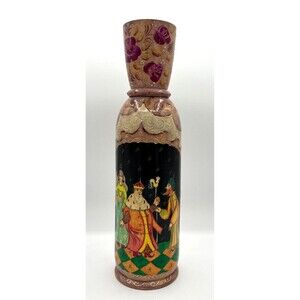 Vintage‎ Matryoshka Russian Hand Painted Doll Vodka Wood Bottle Holder Artisan